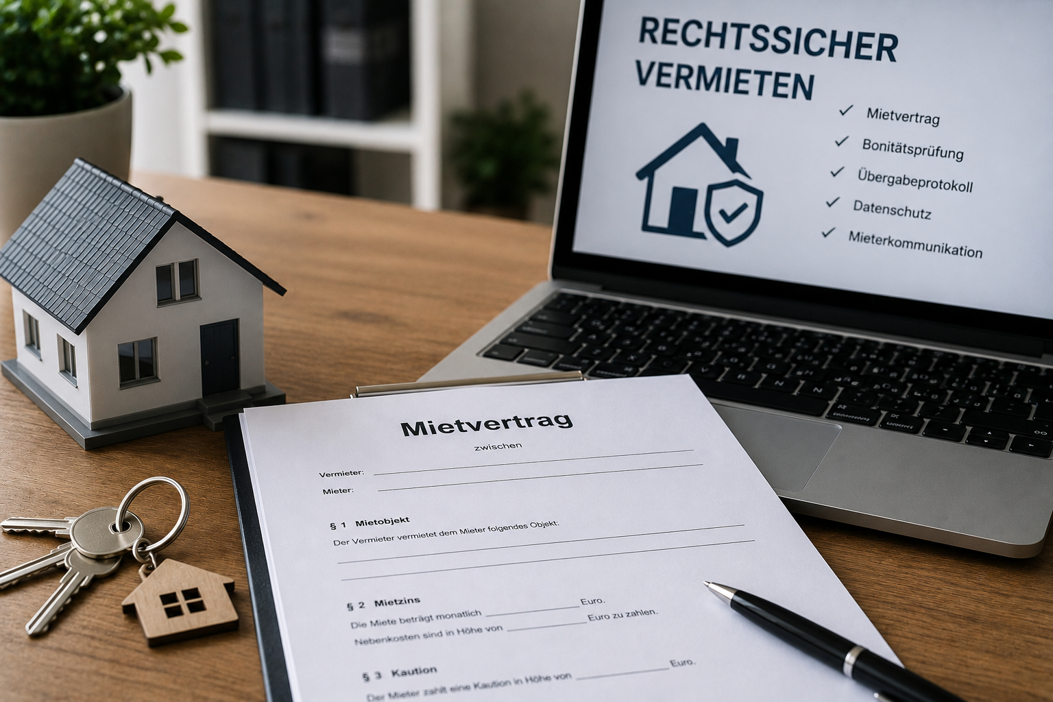 Ein gedruckter Mietvertrag mit Kugelschreiber, Schlüsselbund und Modellhaus auf einem Schreibtisch neben einem Laptop mit der Anzeige "rechtssicher vermieten"