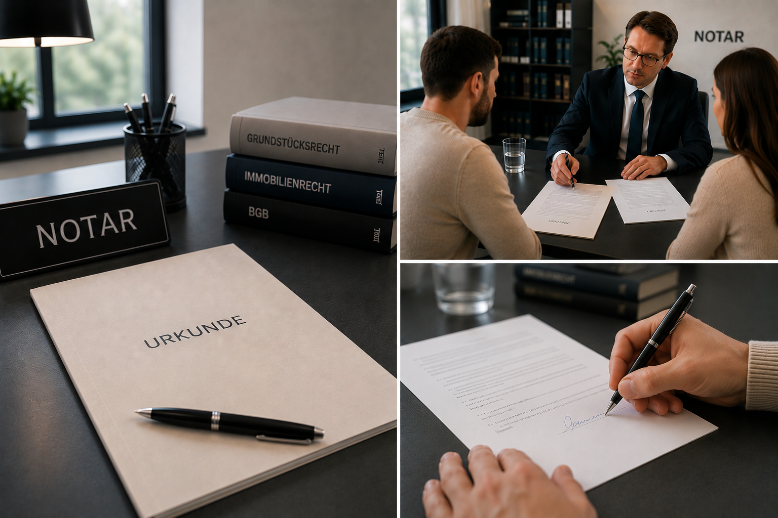 Der Immobilienkaufvertrag beim Notar: Ablauf, Fristen und worauf es beim Entwurf ankommt Collage zum Notartermin: Fachbücher für Immobilienrecht, ein Notar im Gespräch mit einem Paar und die Unterschrift auf einer Urkunde