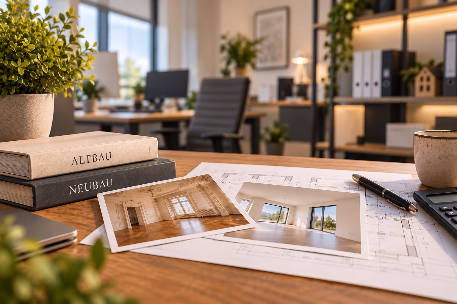 Altbau oder Neubau: Welche Vor- und Nachteile bieten bestehende Immobilien? Ein hölzerner Schreibtisch im Vordergrund, auf dem zwei Bücher mit den Aufschriften ALTBAU und NEUBAU liegen. Daneben befinden sich zwei Fotos: Eines zeigt ein klassisches Altbau-Zimmer mit Fischgrätparkett und Stuckdecken, das andere einen modernen, lichtdurchfluteten Neubau-Raum mit großen Glasfronten.